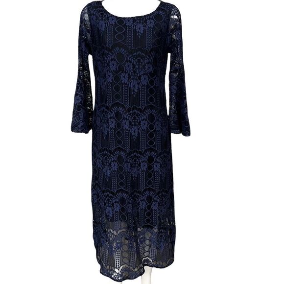 Ellos
lace navy sheath dress bell sleeve evening ware cocktail maxi career SZ 10 - Picture 2 of 11